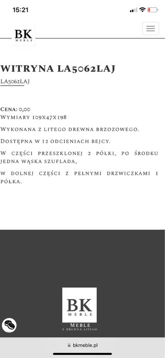 Witryna z kolekcji  mebli  BK meble