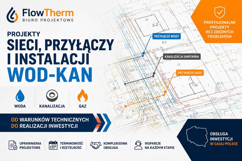 Projekty sieci , przyłączy i instalacji wod-kan-gaz, świadectwa ener.