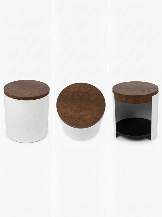 Mesa de apoio com base em metal branco e tampos em madeira