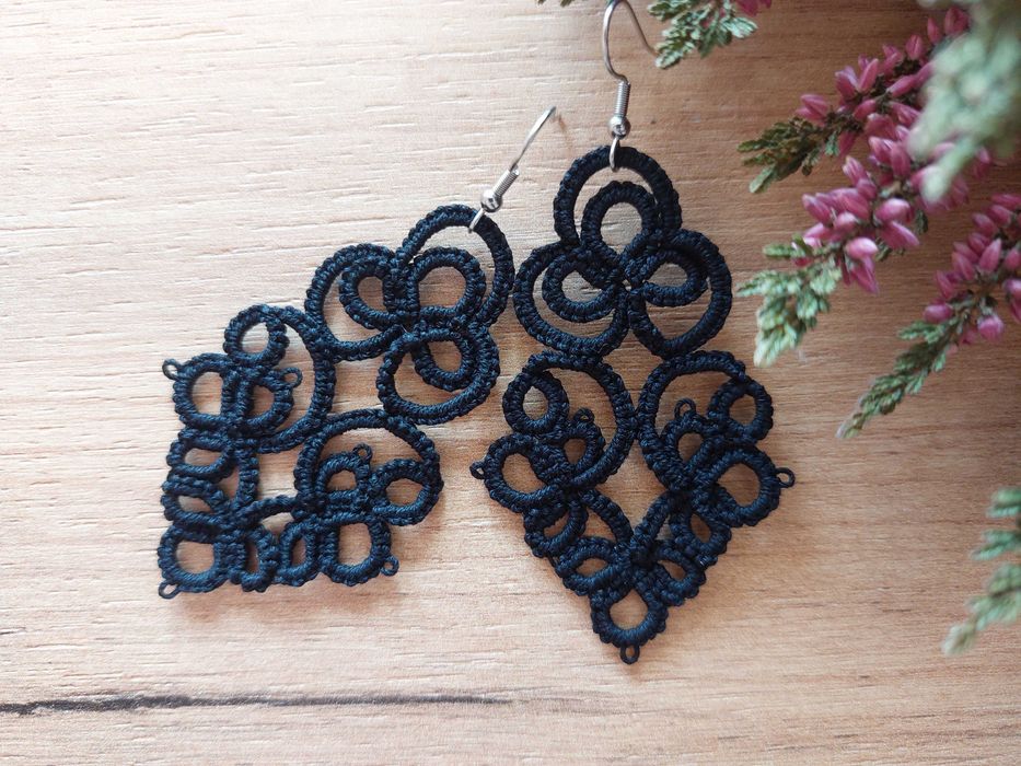 Kolczyki frywolitkowe czarne handmade koronka