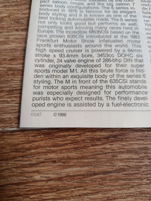 1986 р. Колекційна авто БМВ. Модель BMW M 635CSI.