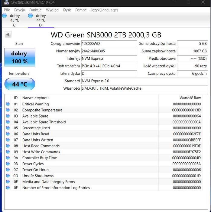 Pamieć SSD WD Green SN3000, 5000/4300 MHz M2 PCIe Nvme NOWY