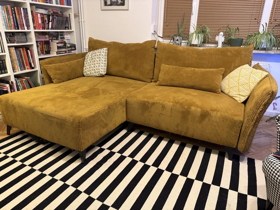 NESSO Narożnik sztruksowy rozkładany musztardowy, lewy.