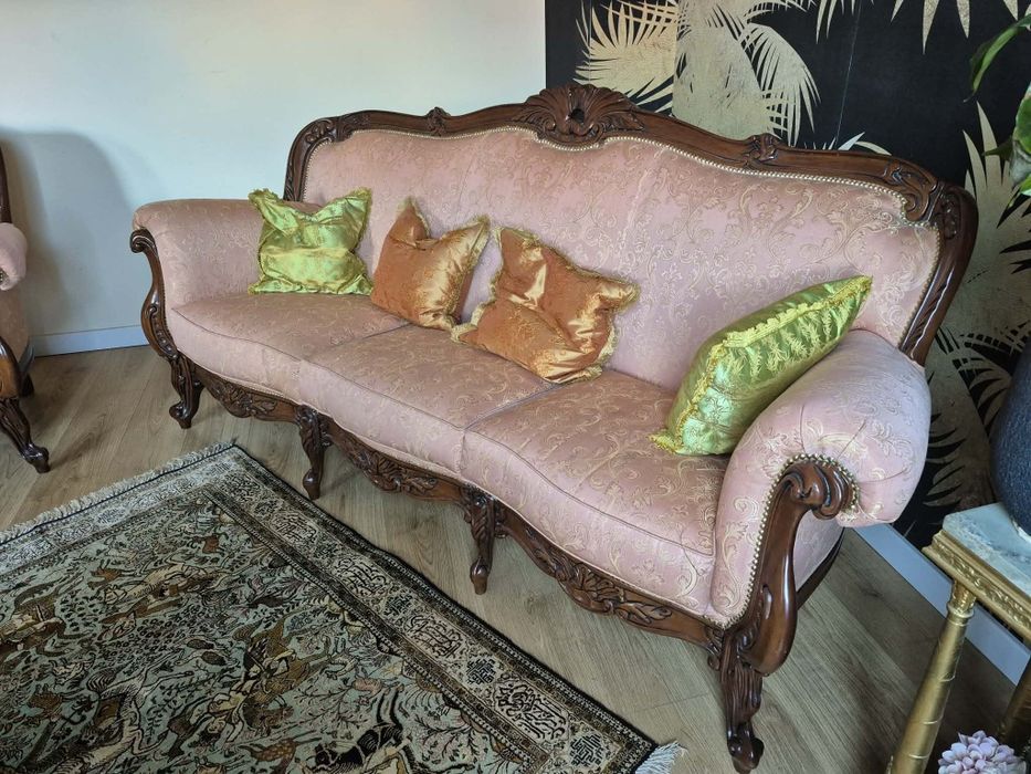 Sofa barokowa chippendale + 2 fotele – komplet w stylu ludwikowskim
