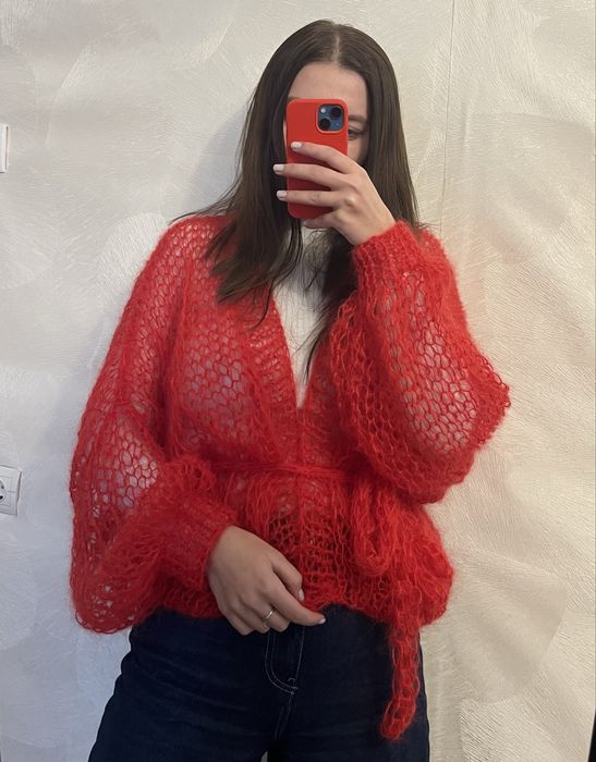 Червоний мохеровий кардиган на запах светр павутинка хмаринка ручна р