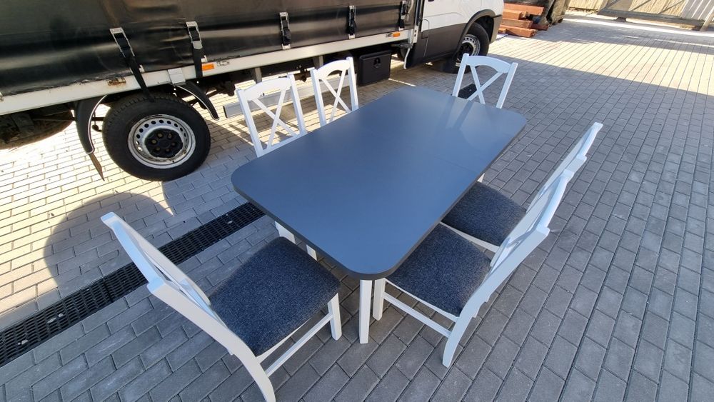 Od ręki: Stół z 6 krzesłami, nowe , biały/grafit + grafit (krzyż)