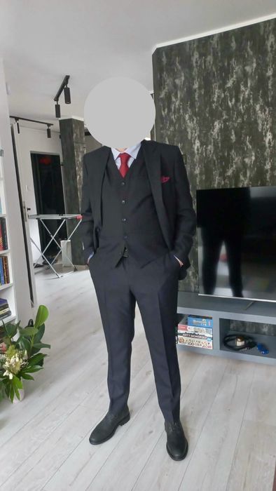 Garnitur z kamizelką granatowy PAKO LORENTE – jak nowy! Wełna 100% + poszetka GRATIS