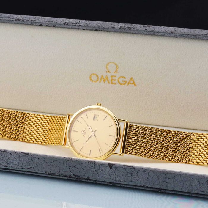 OMEGA 18K złoto 750 cal. 1430 zegarek męski vintage 1991 szafir BOX