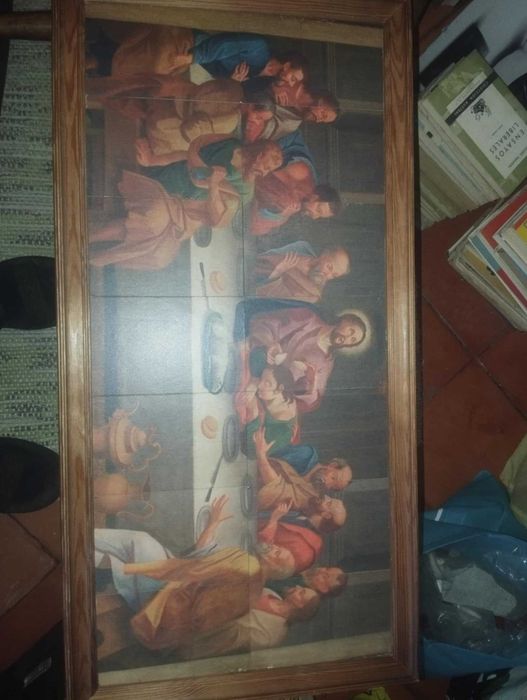 Quadro madeira antigo última ceia Jesus Cristo 60cm largura