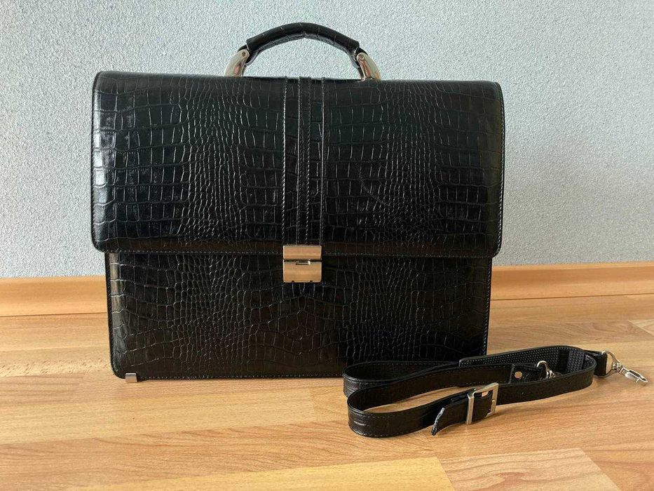 Чорний портфель з натуральної шкіри під крокодила desisan (турція)
