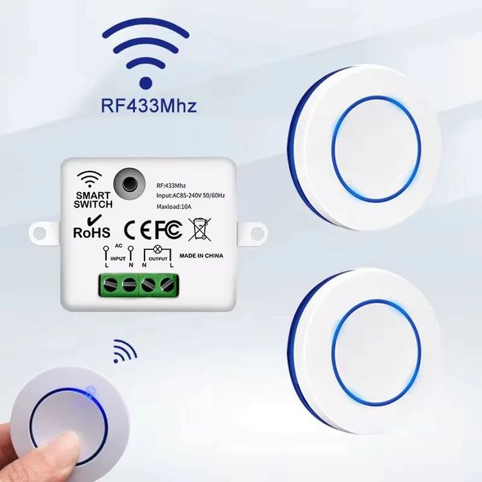 Bezprzewodowy Włącznik RF 433MHz - 2x Pilot Ścienny i Przekaźnik 10A