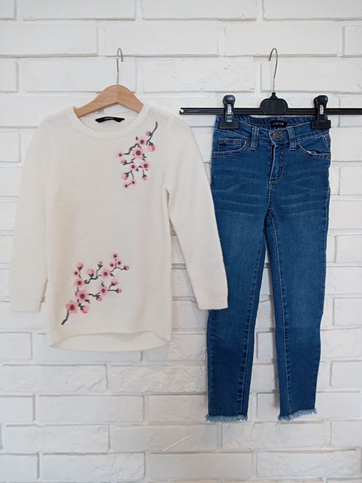 Zestaw ubranek dla dziewczynki, sweter i spodnie jeans, rozm 110-116