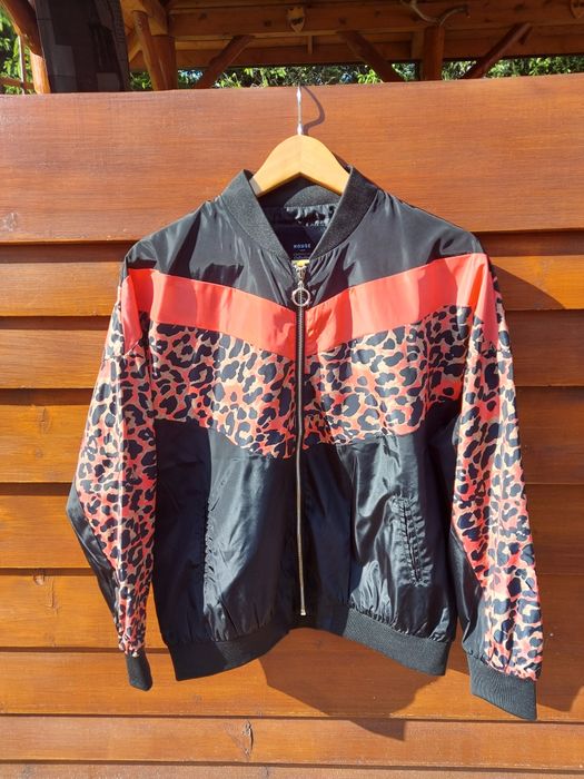 Kurtka bomber oversize M L czarna łososiowa/koralowa z panterką bomber