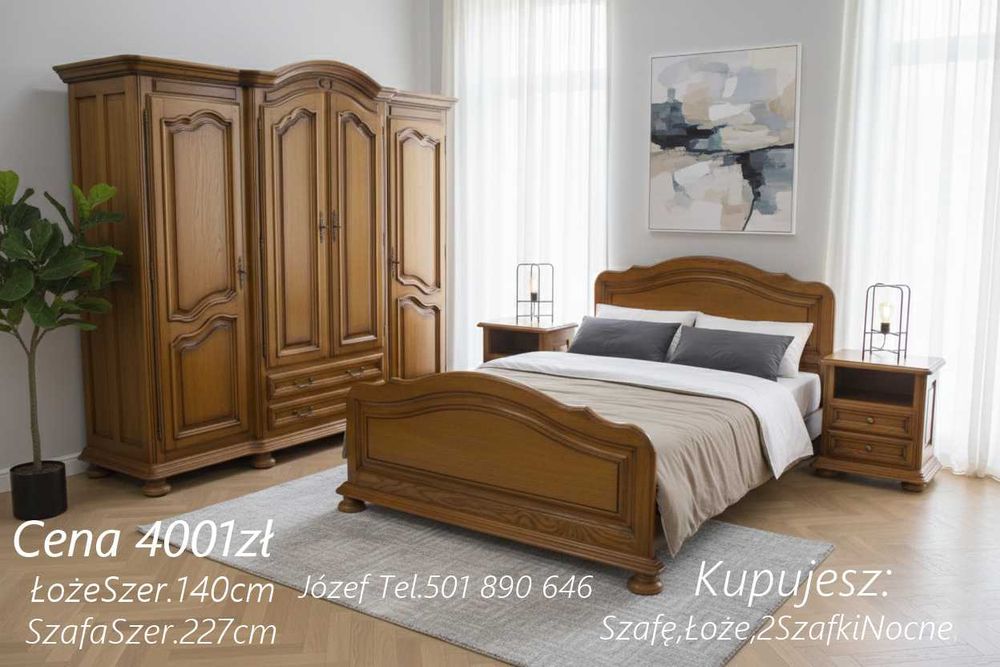 Piękna Sypialnia Dębowa / Meble / Łóżko / Szafa Komoda Szafki Nocne