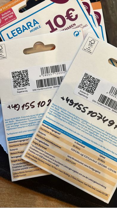 3x Lebara Starter Karta Lebara DE Niemcy +49 SIM 7.00€ Aktywna