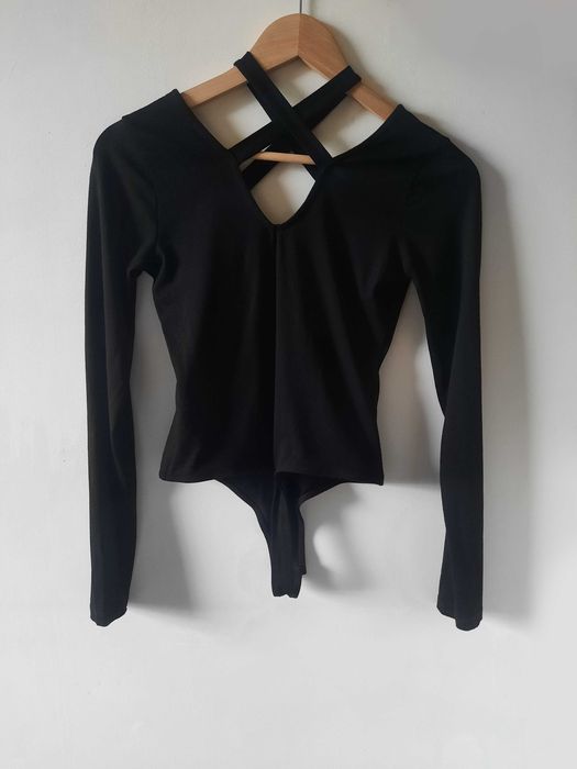 Czarne body stringi krzyżowane plecy dekolt ASOS XS wiskoza