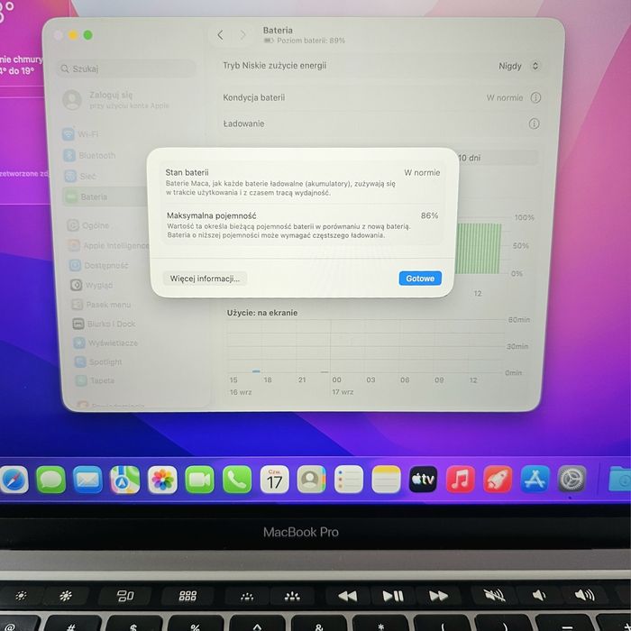 MacBook Pro M1, 13,3", 8/256GB, Retina, Touch Bar, jak nowy, bateria 86%, tylko Warszawa