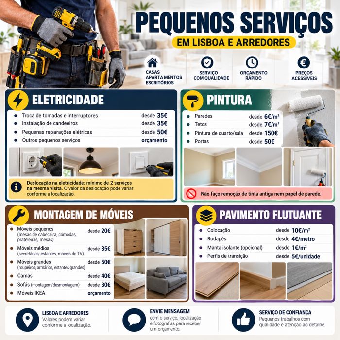 Pequenas reparacões, Eletricidade, Montagem de moveis e pintura