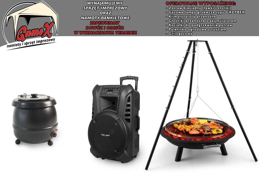 Sprzęt imprezowy: Grill/Głośniki/Klimatyzator/Kociołki/Lampy "Grzybek"