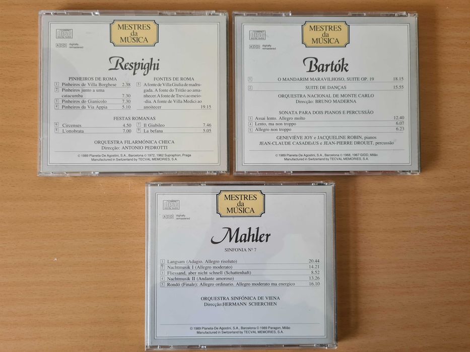 3 CDs audio com música de Respighi, Bartók e Mahler