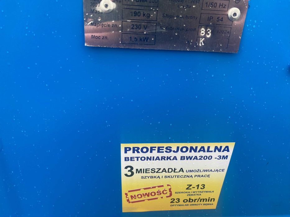 Nowa Betoniarka AGRO-WIKT BWA 200 230V poj. całkowita 320l