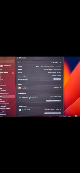 MacBook Pro 15” i7 / 16 GB / 250 GB SSD – stan bardzo dobry