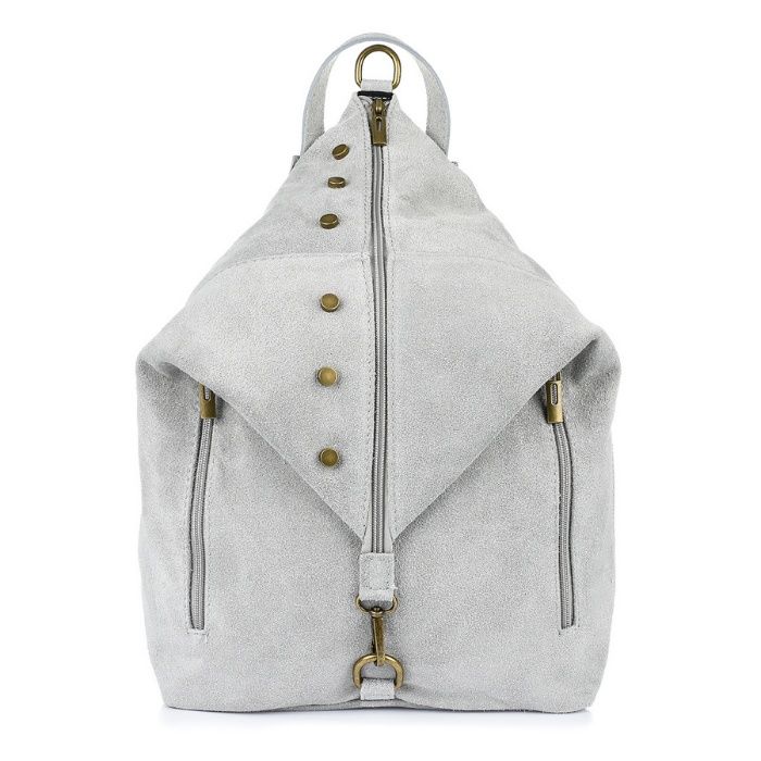 VERA PELLE plecak zamszowy elegancki z ćwiekami V409 j.szary