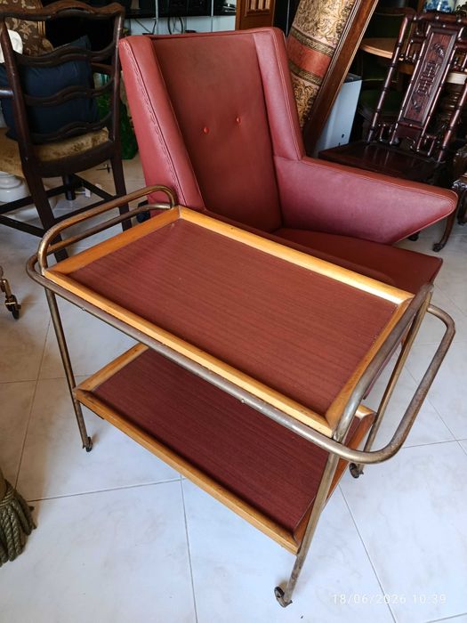 Carrinho de Chá Vintage Latão e Madeira 59 cm Anos 60