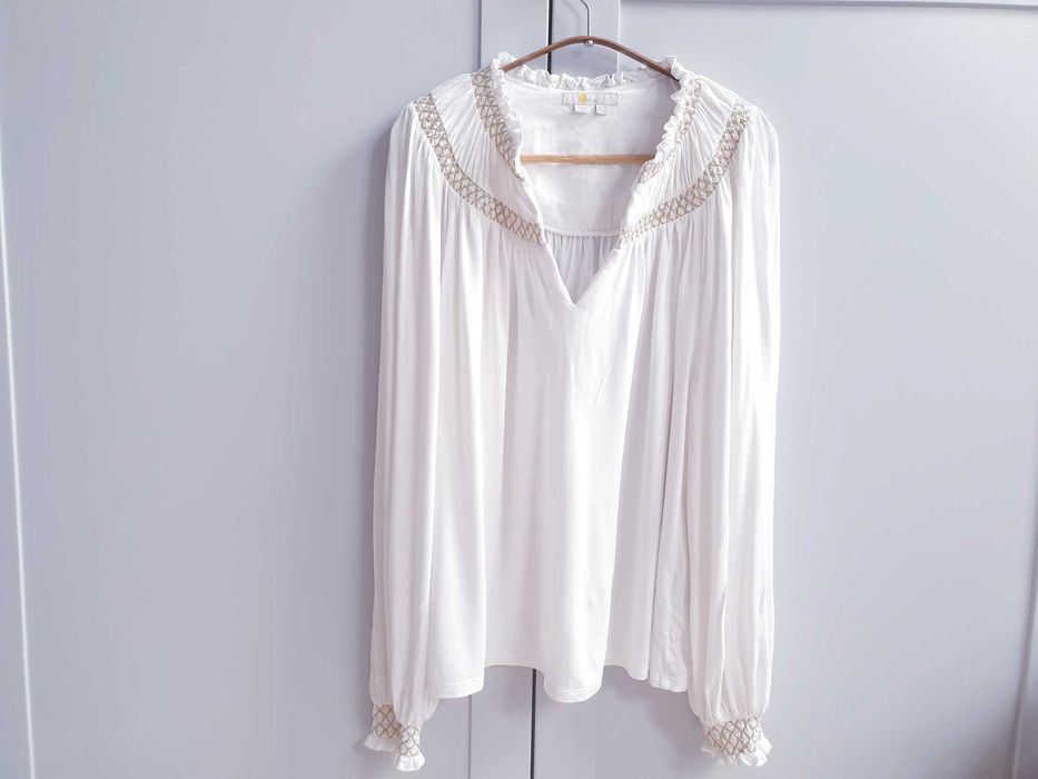 Biała bluzka koszula haftowana boho ze stójką Boden 44 oversize