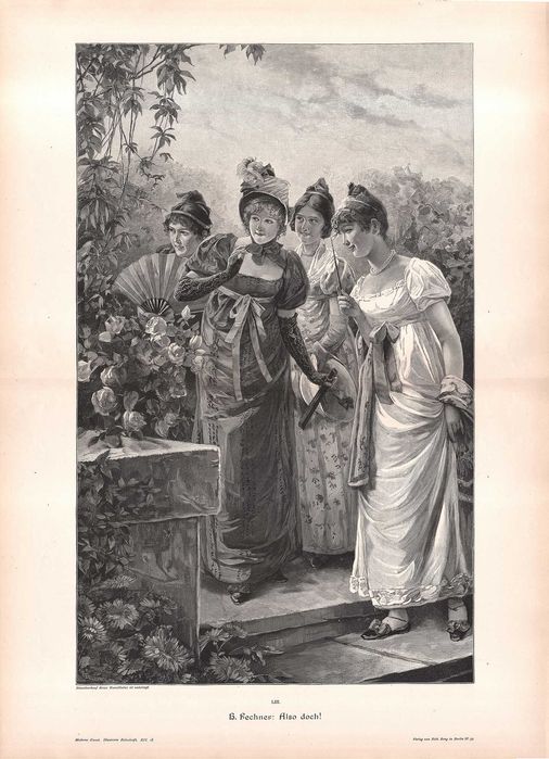 Fechner: Damy w parku. Duży efektowny drzeworyt 1896 r. autentyk