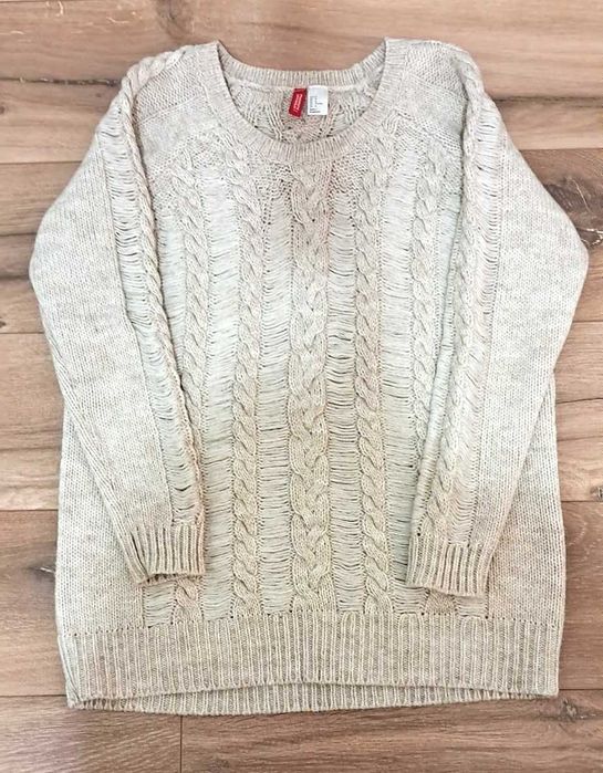 Sweter H&M z wełną M oversize beż ecru warkocze
