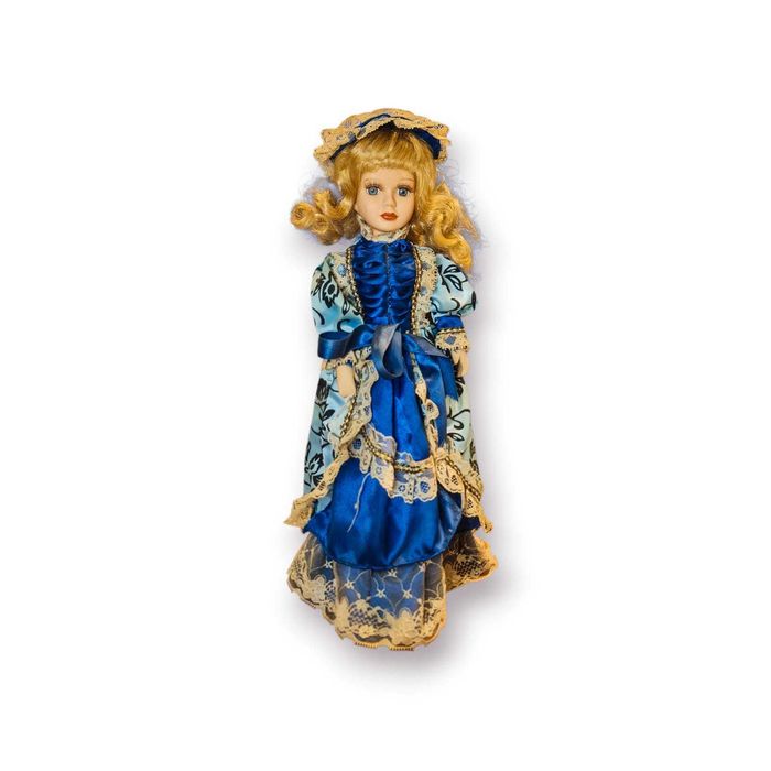 Boneca Porcelana c/ Vestido Clássico Azul e Rendas – 41 cm
