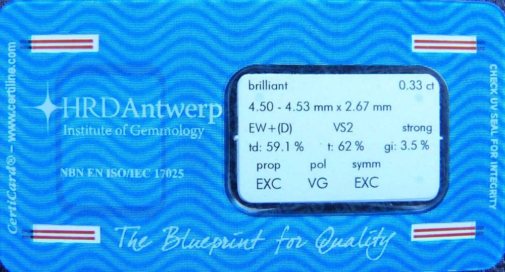 BRYLANT 0.33 ct VS2 D 4,53 mm Certyfikat HRD Diament EX