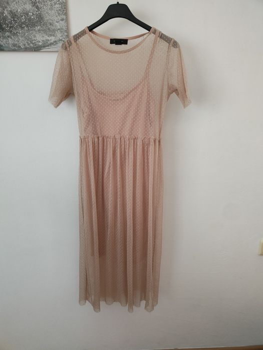 Sukienka pudrowy róż / beż kropeczki siateczka