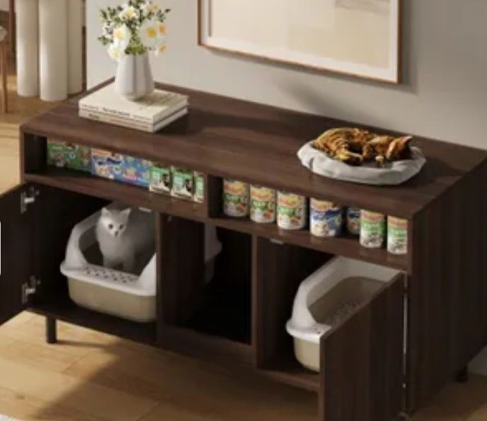 Móvel elegante para duas caixas de areia para gatos, com arrumação
