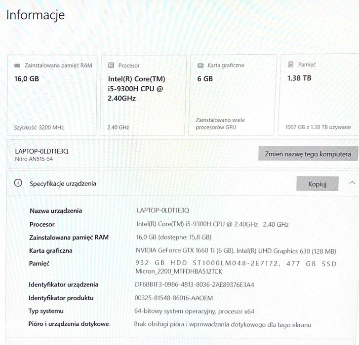 Laptop gamingowy Acer Nitro 5 i5-9300H/16GB/512+1TB/Win11 120Hz