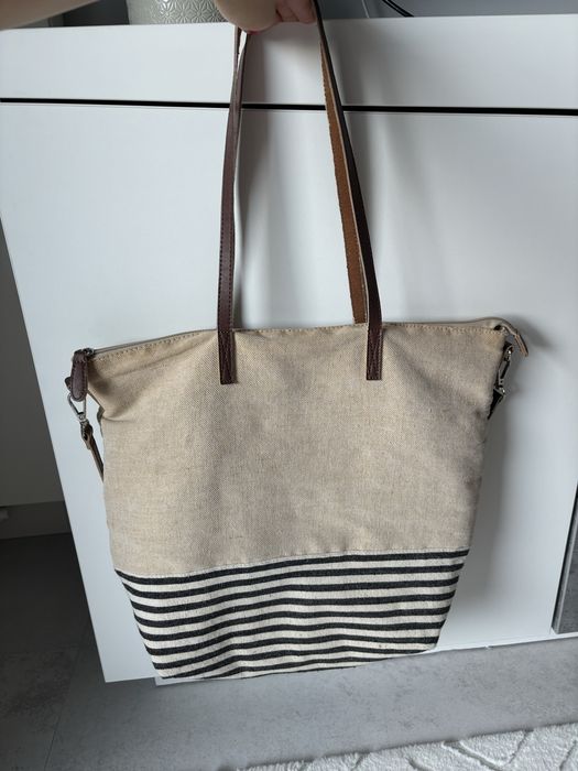 Torba Mango MNG na lato z juty beżowa w paseczki boho torebka A4