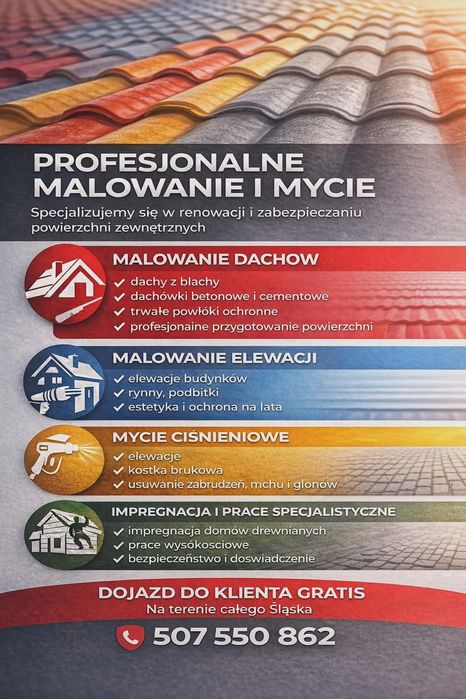 Malowanie dachów. Mycie impregnacja