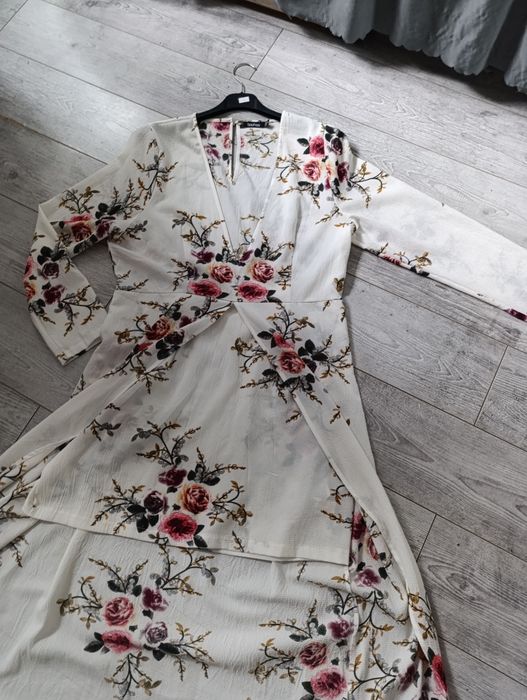 Sukienka kremowa w  kwiaty maxi mini Boho