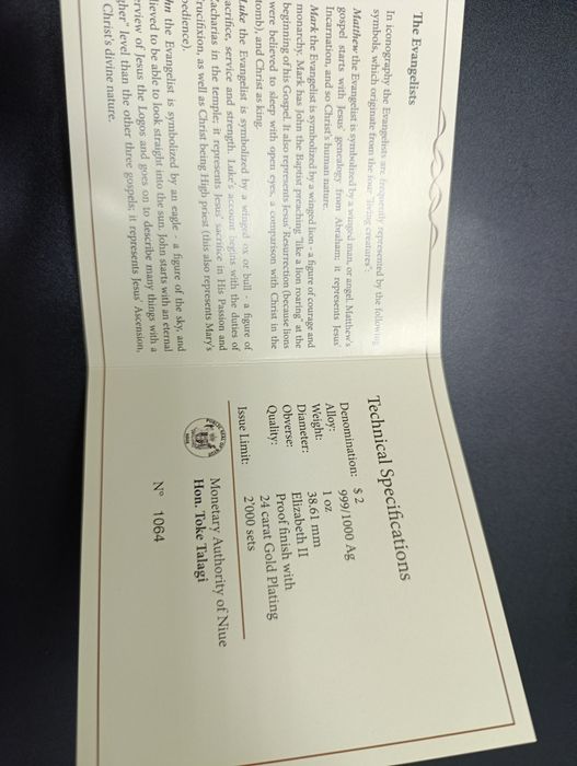Набір з 4-х срібних монет, Євангелісти, Ніуе 2011р. СРІБЛО. Сертифікат