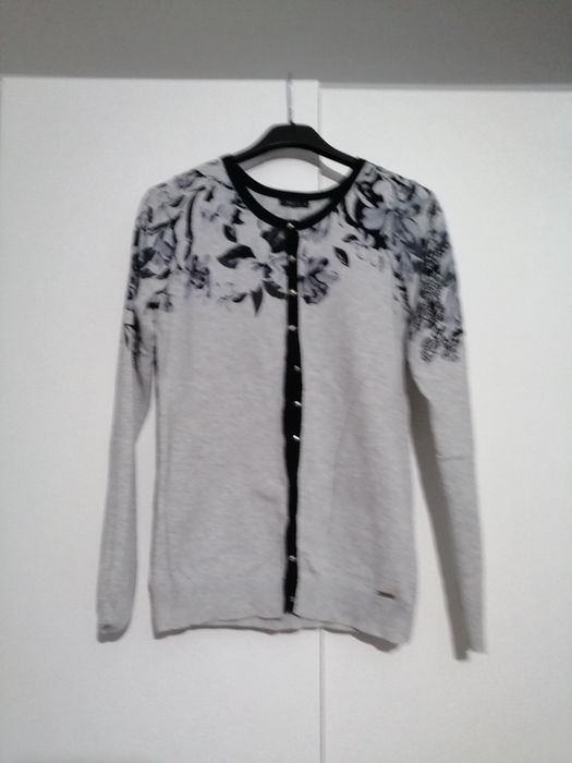 Mohito sweter kardigan szary czarne kwiaty M rozpinany