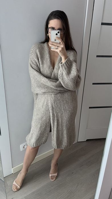 LeMonada kardigan boho beżowy gruby splot uniwersalny moher