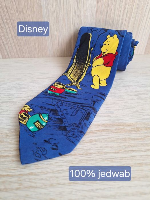 Krawat Niebieski Kolorowy Jedwabny Retro Disney Pooh Kubuś Puchatek