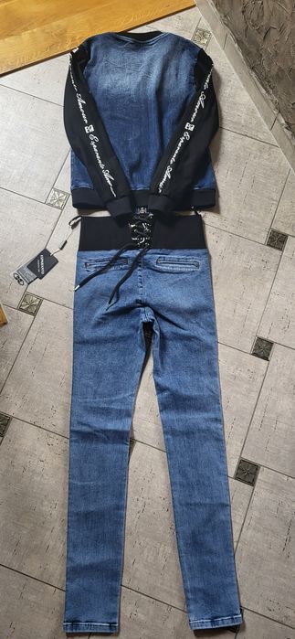 Włoski komplet Esperanto jeans katana bluza spodnie wysoki stan  S