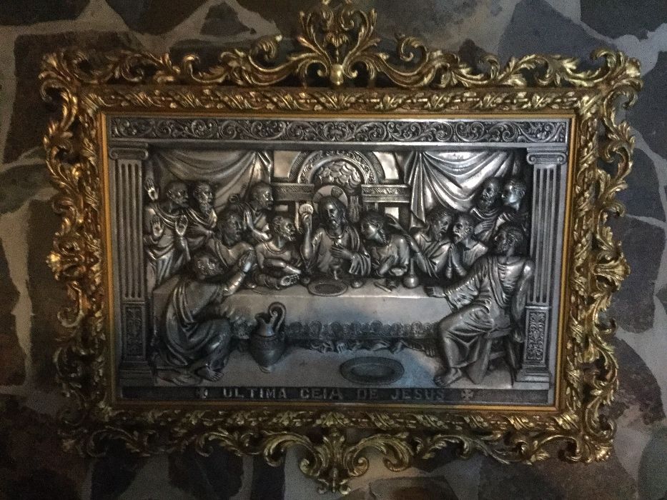 Última Ceia moldura talha dourada séc XIX Arte Sácra 1,10cm folha Ouro