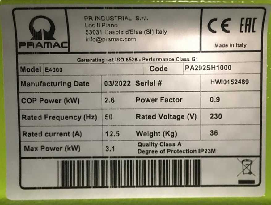 Генератор PRAMAC E4000. HONDA GX200. 3.1KW. Італія. Для котла