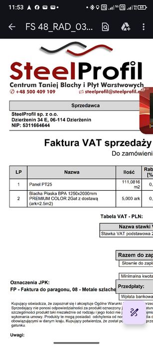 Blacha panel na rąbek PT25 Fala 111m2 +płaska Nowa