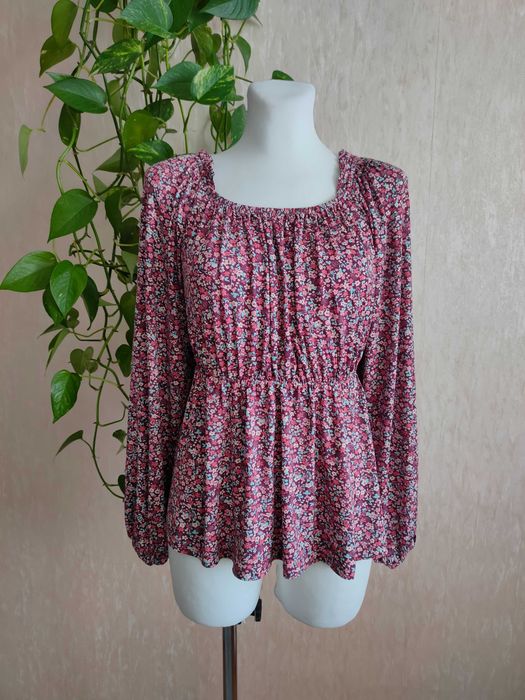 NOWA bordowa bluzka kwiaty gumka w talii karo 40/42 L/XL Bodyflirt