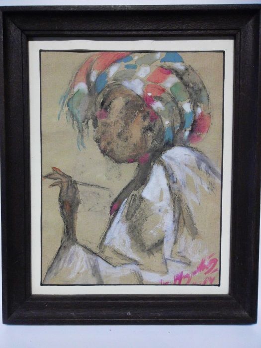 José Mergulhão - Aquarela - retrato de uma africana- assinado - 1964
