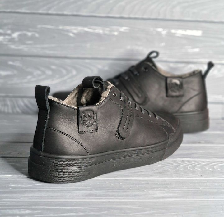 40-48рр!!! Мужские черные низкие зимние кожаные кеды кроссовки! баталы